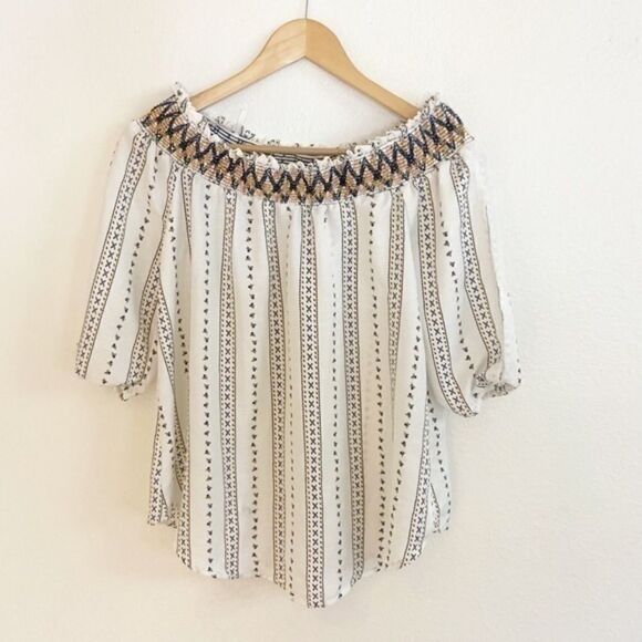 ‎J.O.A. Striped with Flowers Off the Shoulder Top Small - Picture 1 of 5